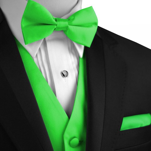 Men's Formal Wedding Prom Homecoming Tuxedo Vest Bow-Tie Hankie - Lime Satin - Picture 1 of 4